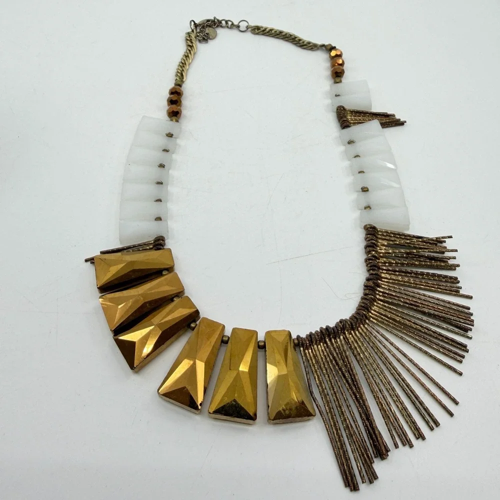 Bronze Tone  White  Geometric Bead Fringe Bib Necklace Boho Statement Jewelry